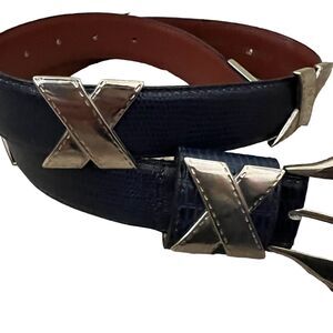 Cipriani Women's Blue Leather Thin Belt with Silver Hardware Detail - Size Small